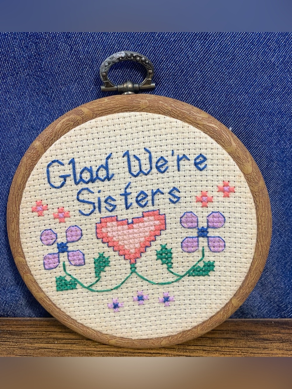 Glad We're Sisters Cross Stitch Hoop Art - Pink Heart & Purple Flowers~ 5 in dia